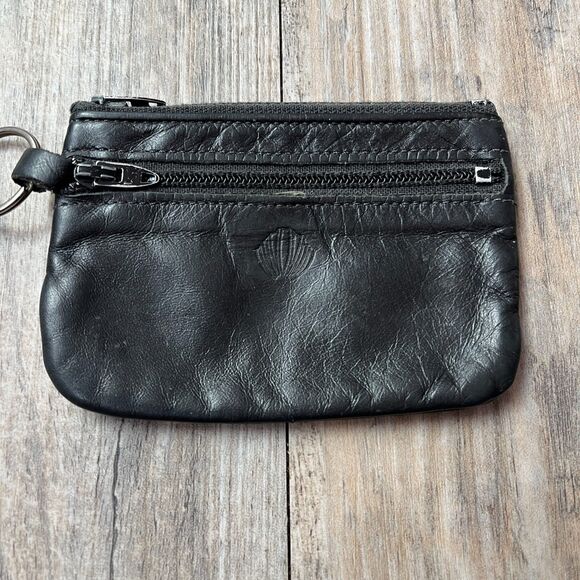 Vintage Leather Coin Pouch Wallet Black 90s Grunge Minimalist Basic Shell Emboss - Picture 3 of 5